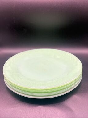 4 Fire King Jadeite Alice Salad Plates 8” Mixed Marks 1 Chipped Vintage